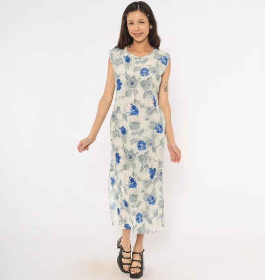 90s Steps Blue Rose Watercolor Midi Dress Ivory Chiffon Cap Sleeve Small S