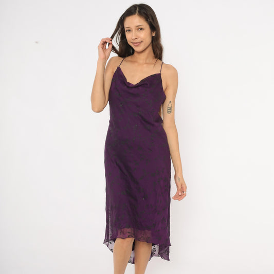Y2K Purple Cowl Neck Slip Dress Floral Chiffon Overlay Spaghetti Strap Extra Large XL
