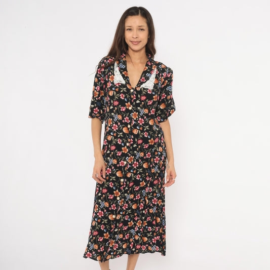 90s Basia Floral Midi Dress Black Lace Collar Pearl Buttons Medium