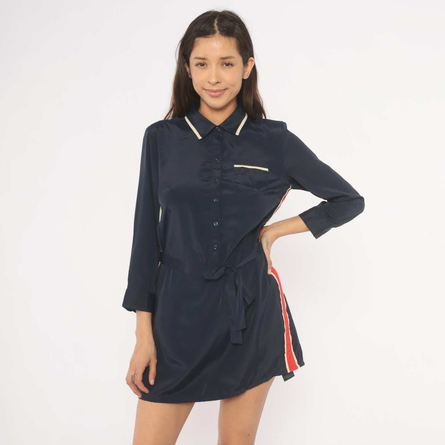 Tommy Hilfiger Navy Mini Dress 2000s Striped Collared Shirt Dress Medium M