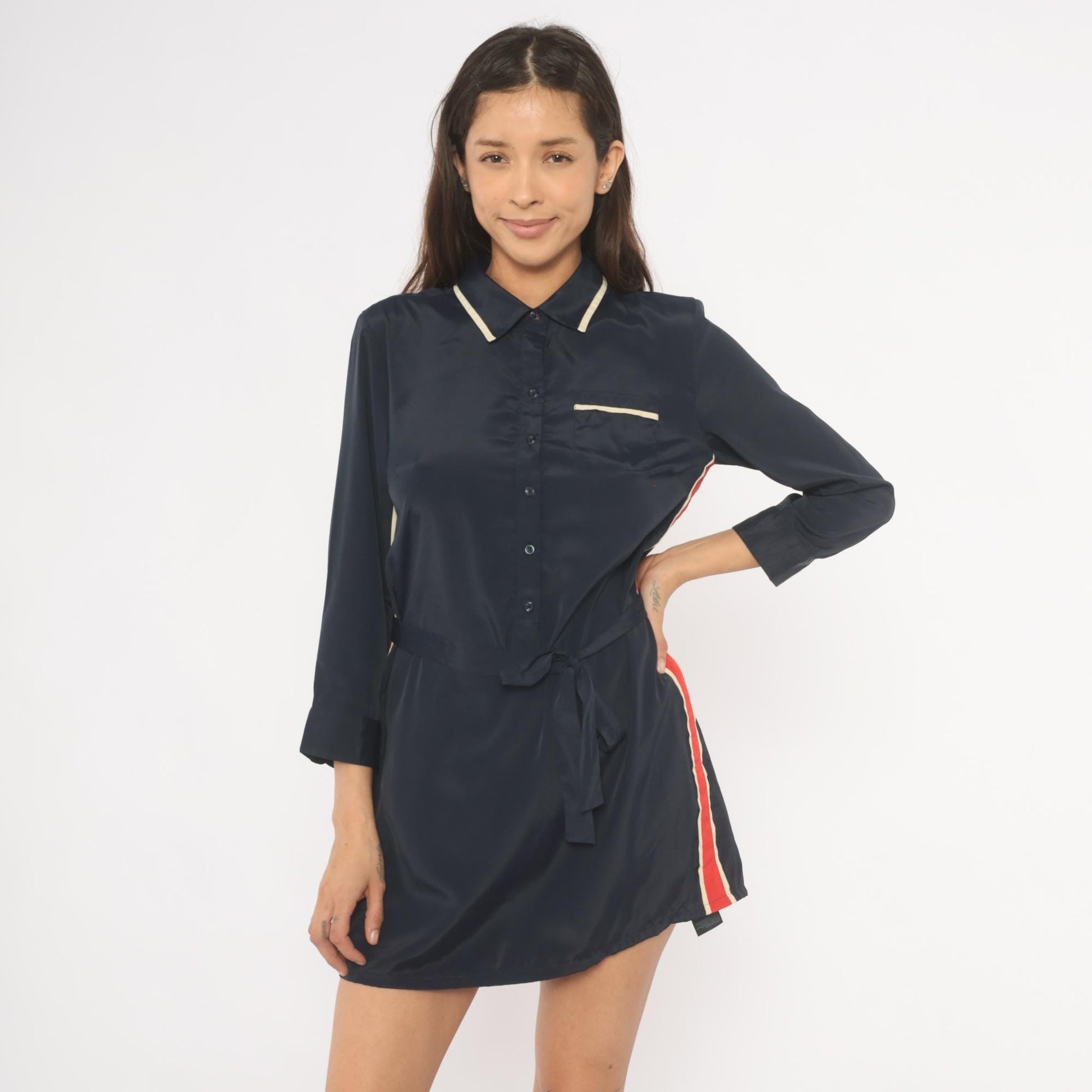 Tommy Hilfiger Navy Mini Dress 2000s Striped Collared Shirt Dress Medium M