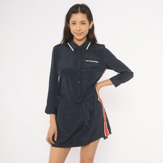 Tommy Hilfiger Navy Mini Dress 2000s Striped Collared Shirt Dress Medium M