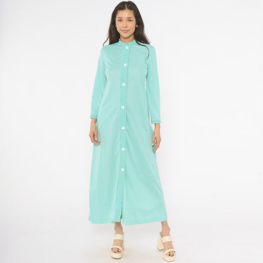 70s Loungewear by Gossard Mint Maxi Housecoat Smocked Ruffle Small