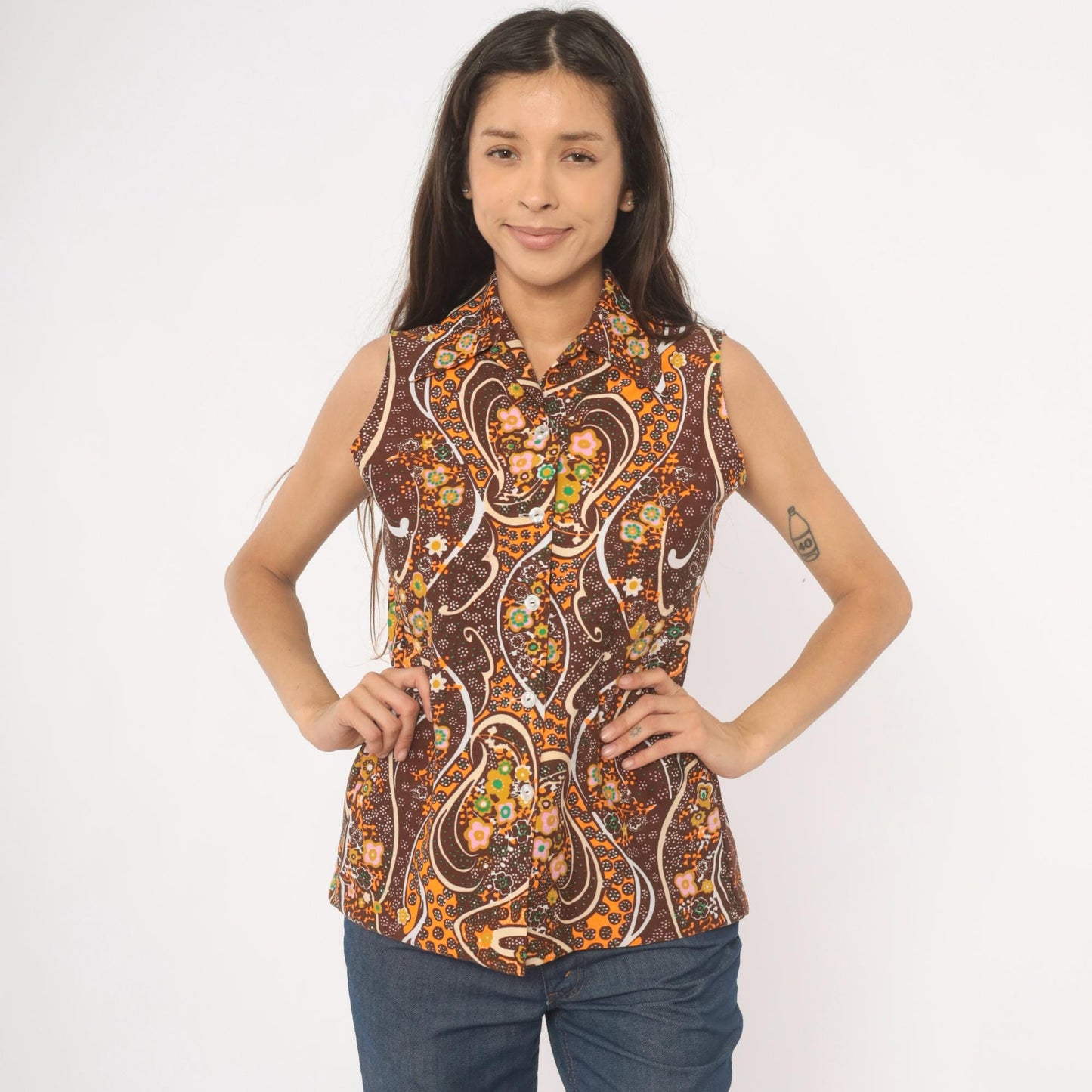 70s Psychedelic Paisley Sleeveless Blouse Brown Orange Floral Swirl Medium M