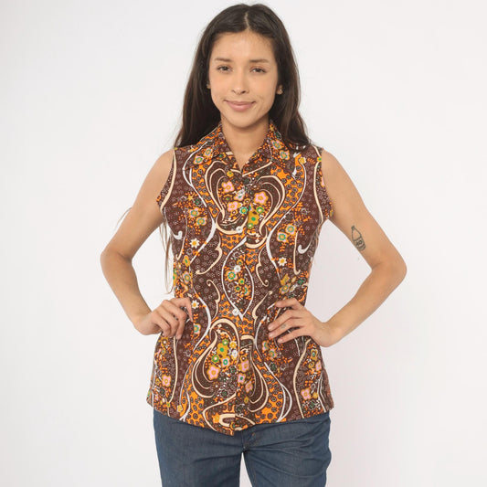 70s Psychedelic Paisley Sleeveless Blouse Brown Orange Floral Swirl Medium M