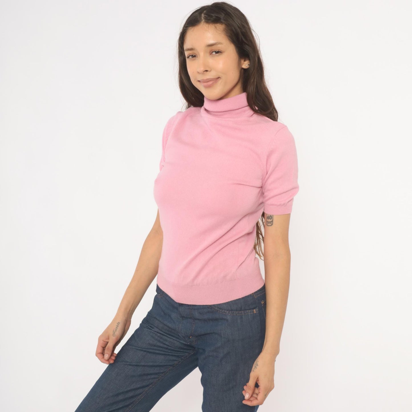 2000s Donna Gray Cashmere Turtleneck Pullover Pink Short Sleeve Small S