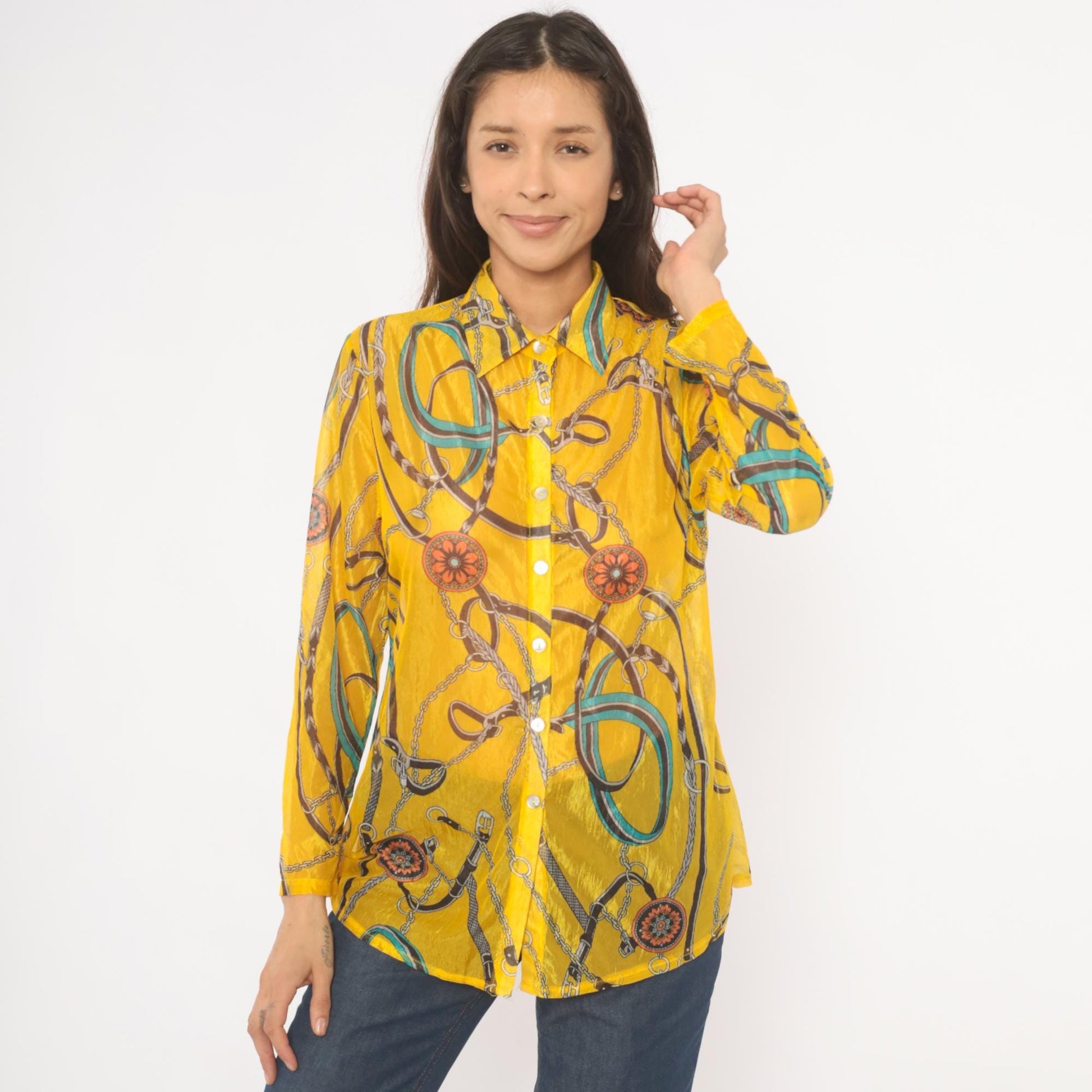 2000s Equestrian Chain Belt Print Sheer Blouse Mustard Gold Long Sleeve Large L