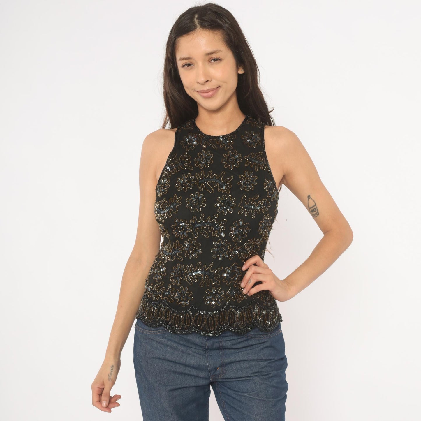 90s Stenay Black Silk Beaded Sequin Tank Top Floral Gold Bronze Small S