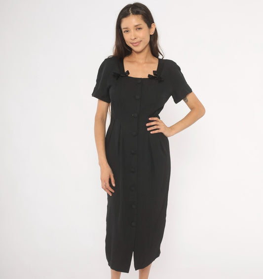 90s Atina by Karon Crosby Black Midi Dress Square Neck Bow Detail Medium