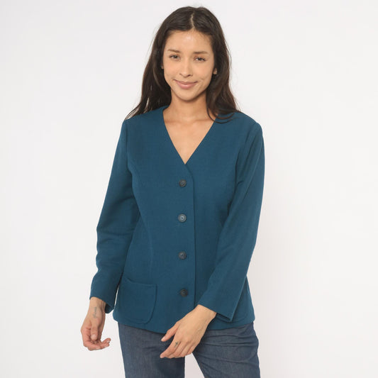 70s Navy Blazer V-Neck Collarless Button-Front Jacket Patch Pockets Small