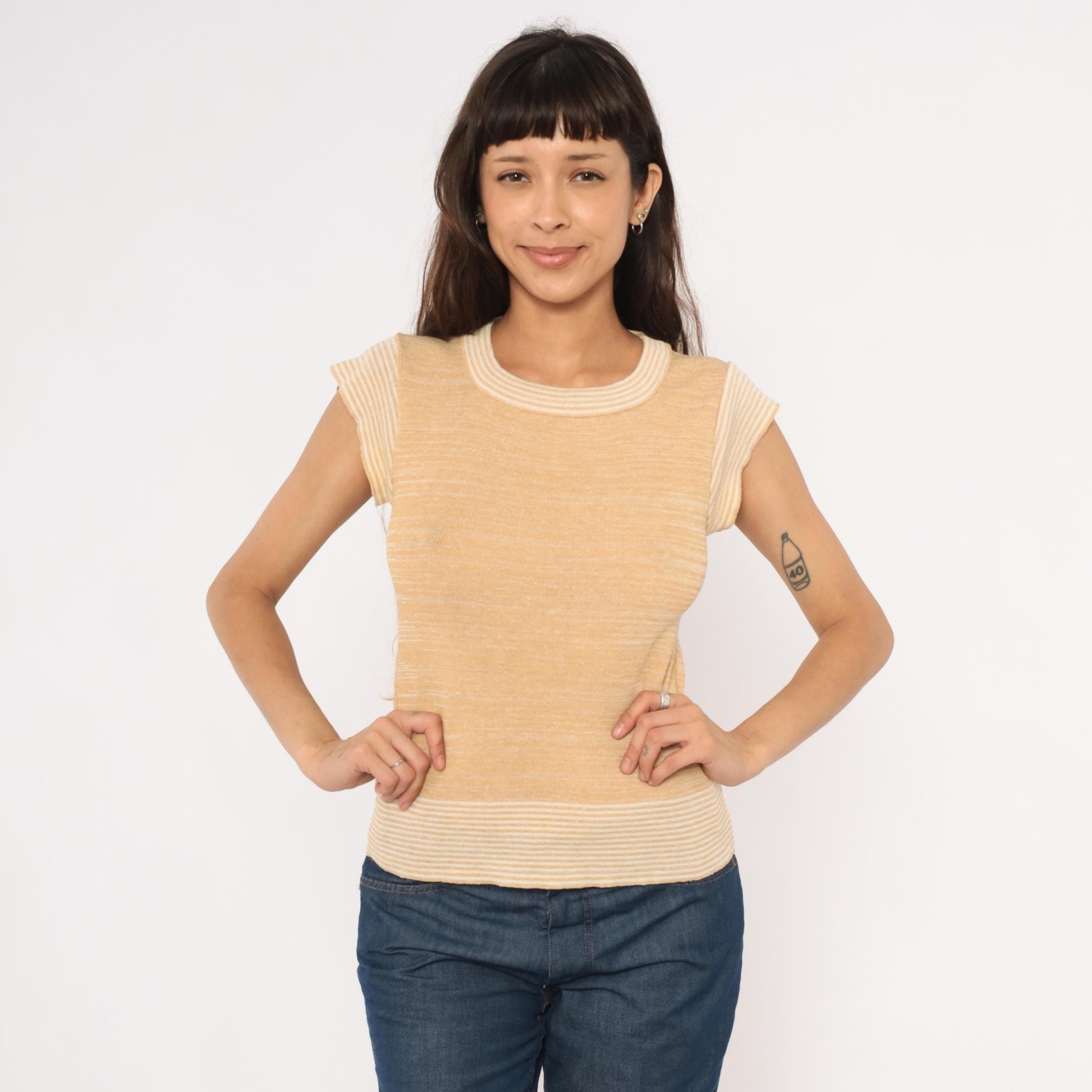 70s Tan Cream Striped Knit Top Cap Sleeve Scoop Neck Small S