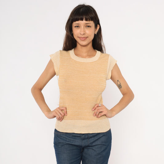 70s Tan Cream Striped Knit Top Cap Sleeve Scoop Neck Small S