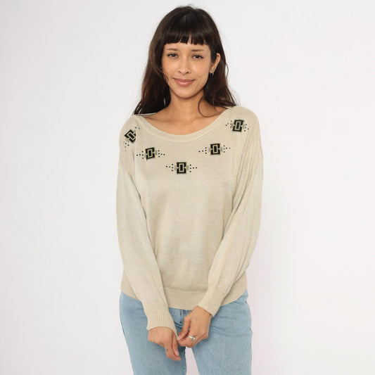 80s Fern Wagner Tan Knit Sweater Beaded Geometric Applique Small