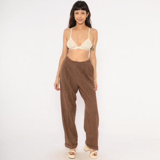 Ralph Lauren Wool Herringbone Trousers 90s Brown Pleated High Waist Large L