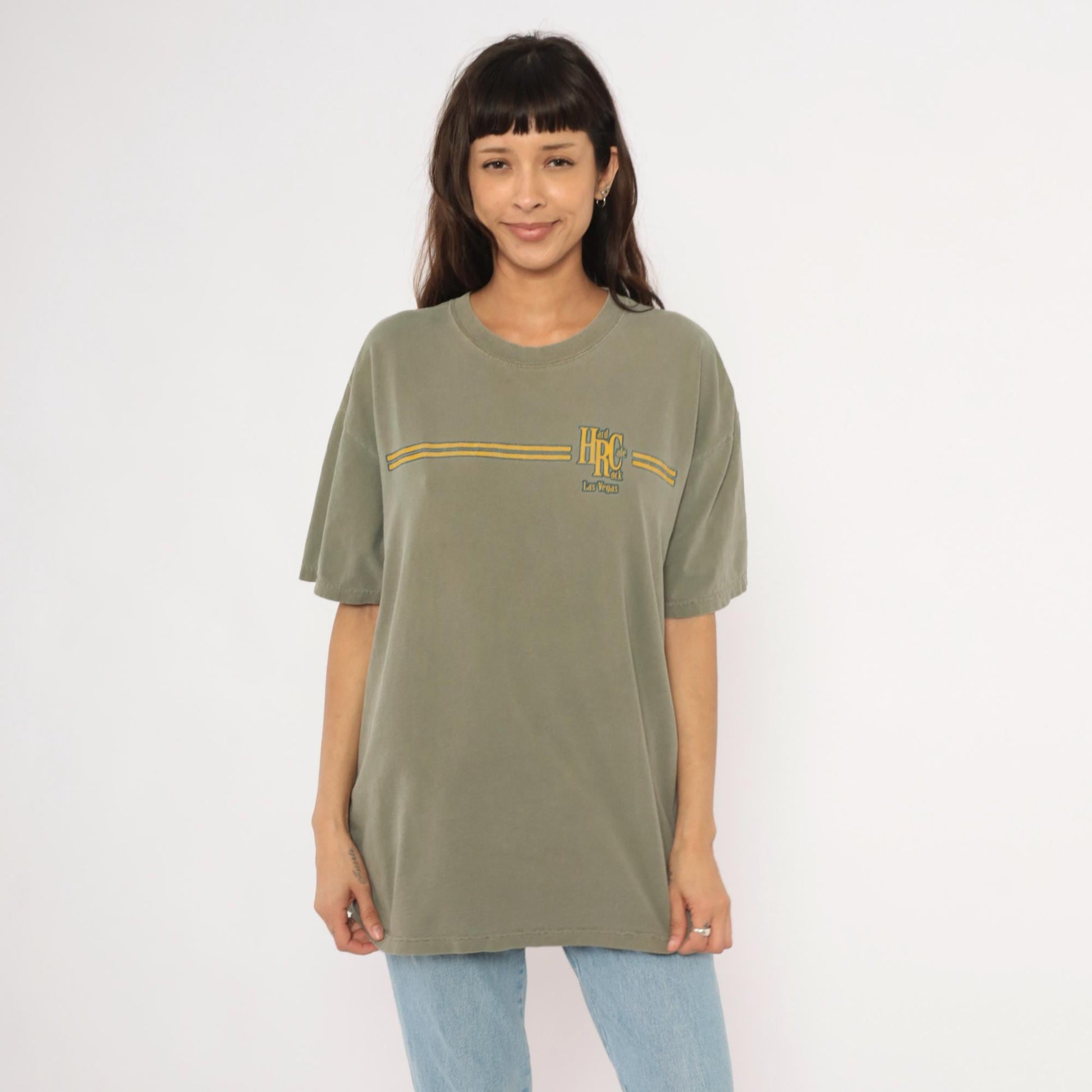 90s Hard Rock Cafe Las Vegas Olive Green Graphic Cotton Tee Extra Large XL
