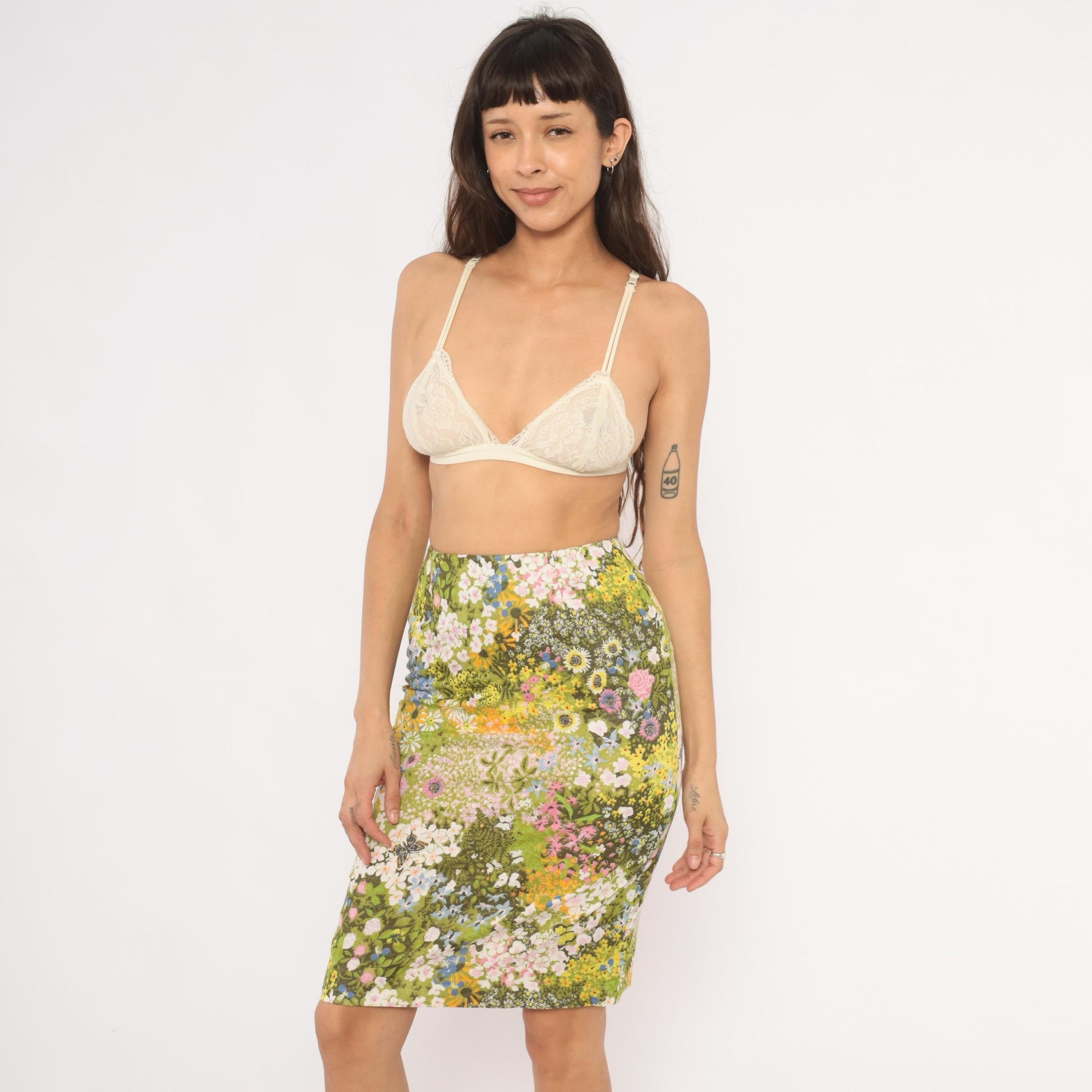 70s Wildflower Garden Pencil Skirt Green Floral Butterfly Print Knee Length Small