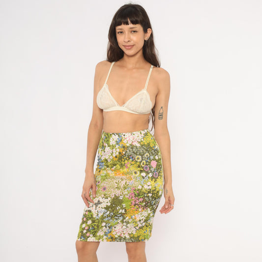 70s Wildflower Garden Pencil Skirt Green Floral Butterfly Print Knee Length Small