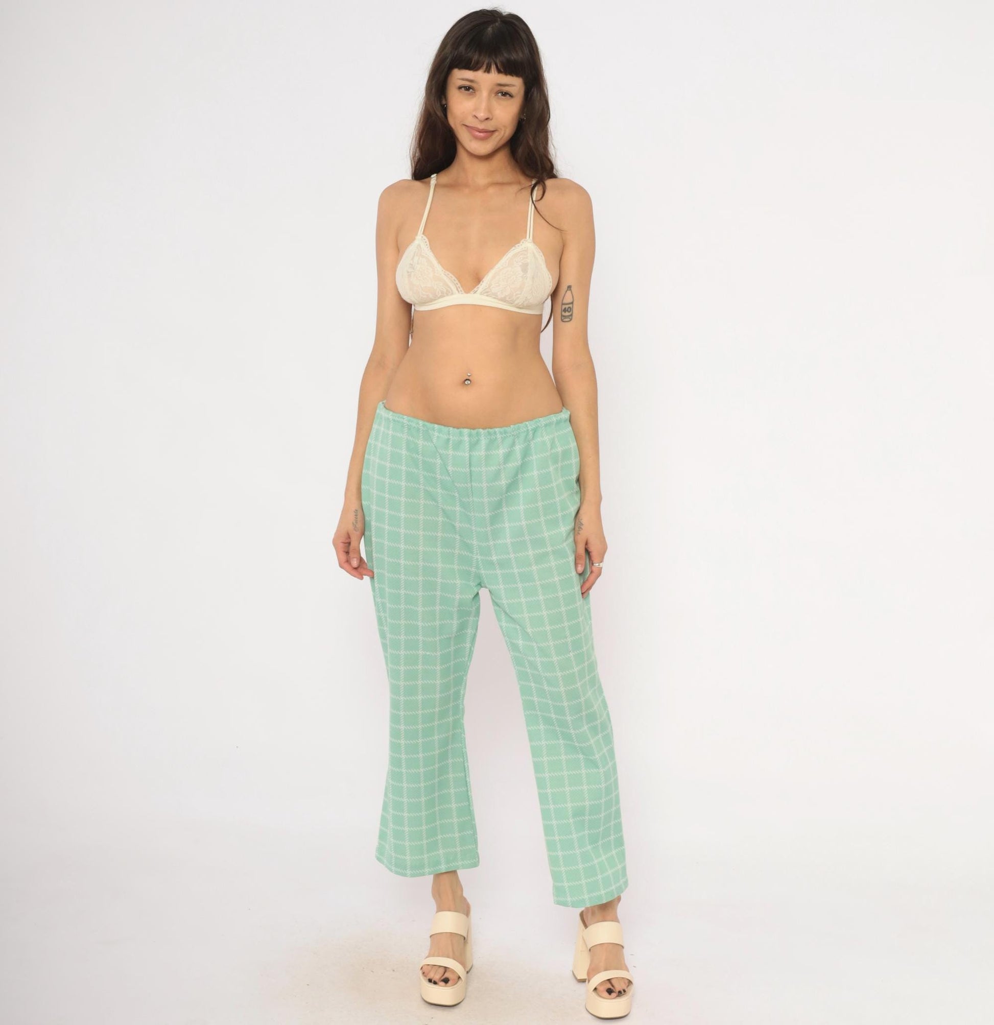 70s Mint Plaid Kick Flare Pants White Windowpane Grid Cropped Medium Large