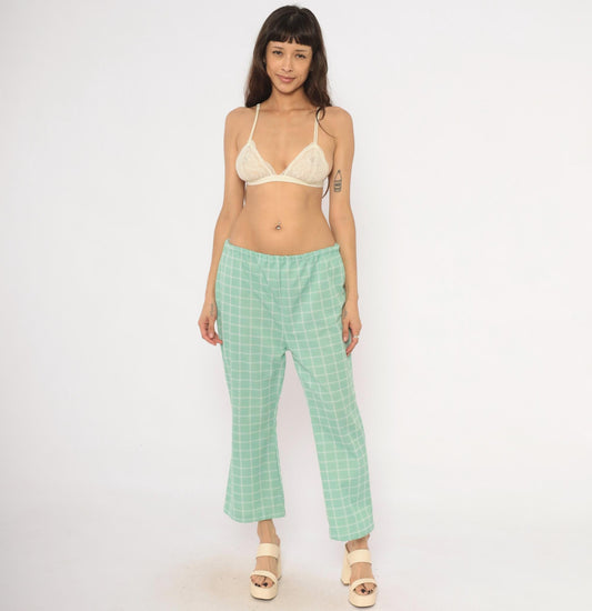 70s Mint Plaid Kick Flare Pants White Windowpane Grid Cropped Medium Large