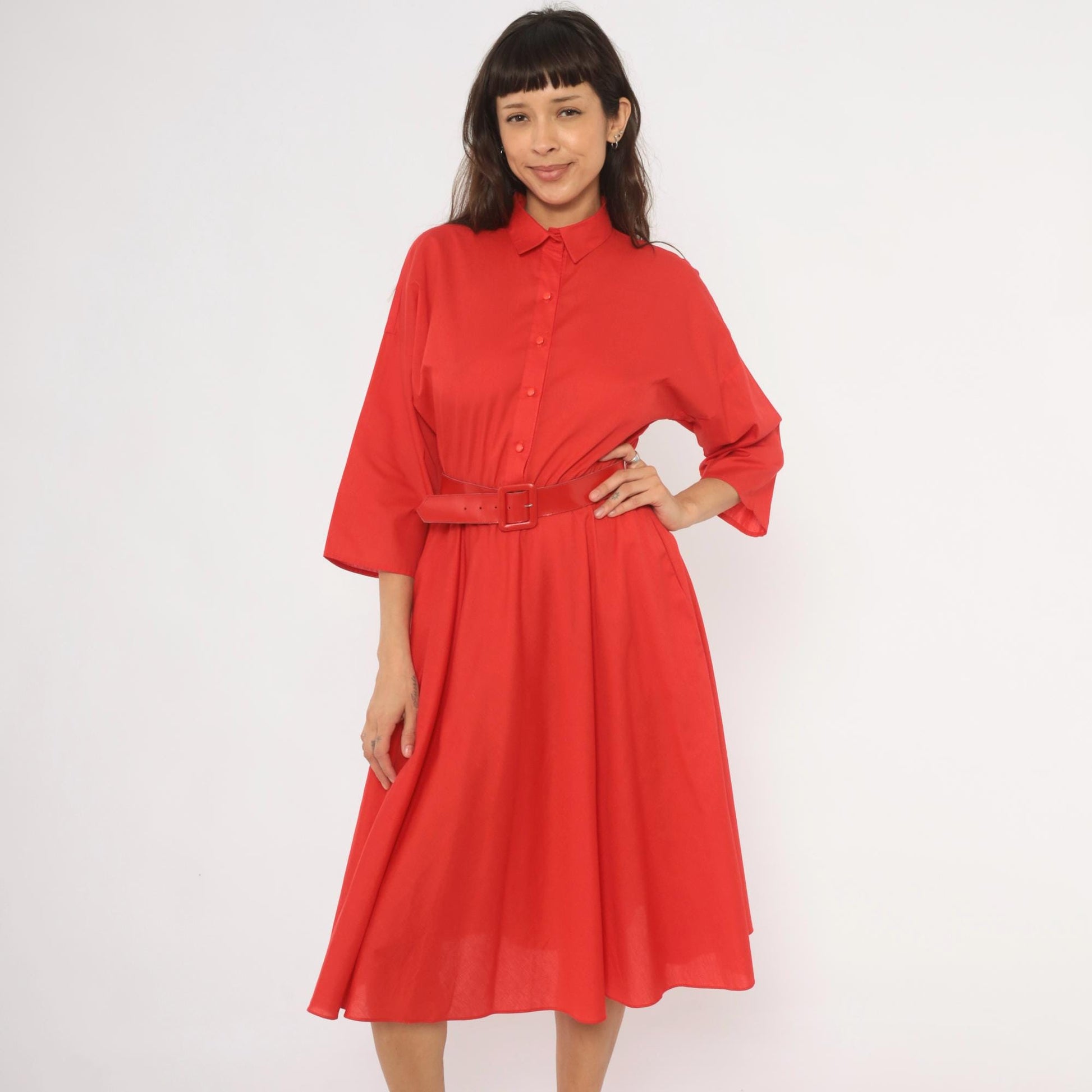 80s The American Shirt Dress Red Midi Button-Front Belted Waist Medium M
