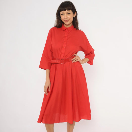 80s The American Shirt Dress Red Midi Button-Front Belted Waist Medium M