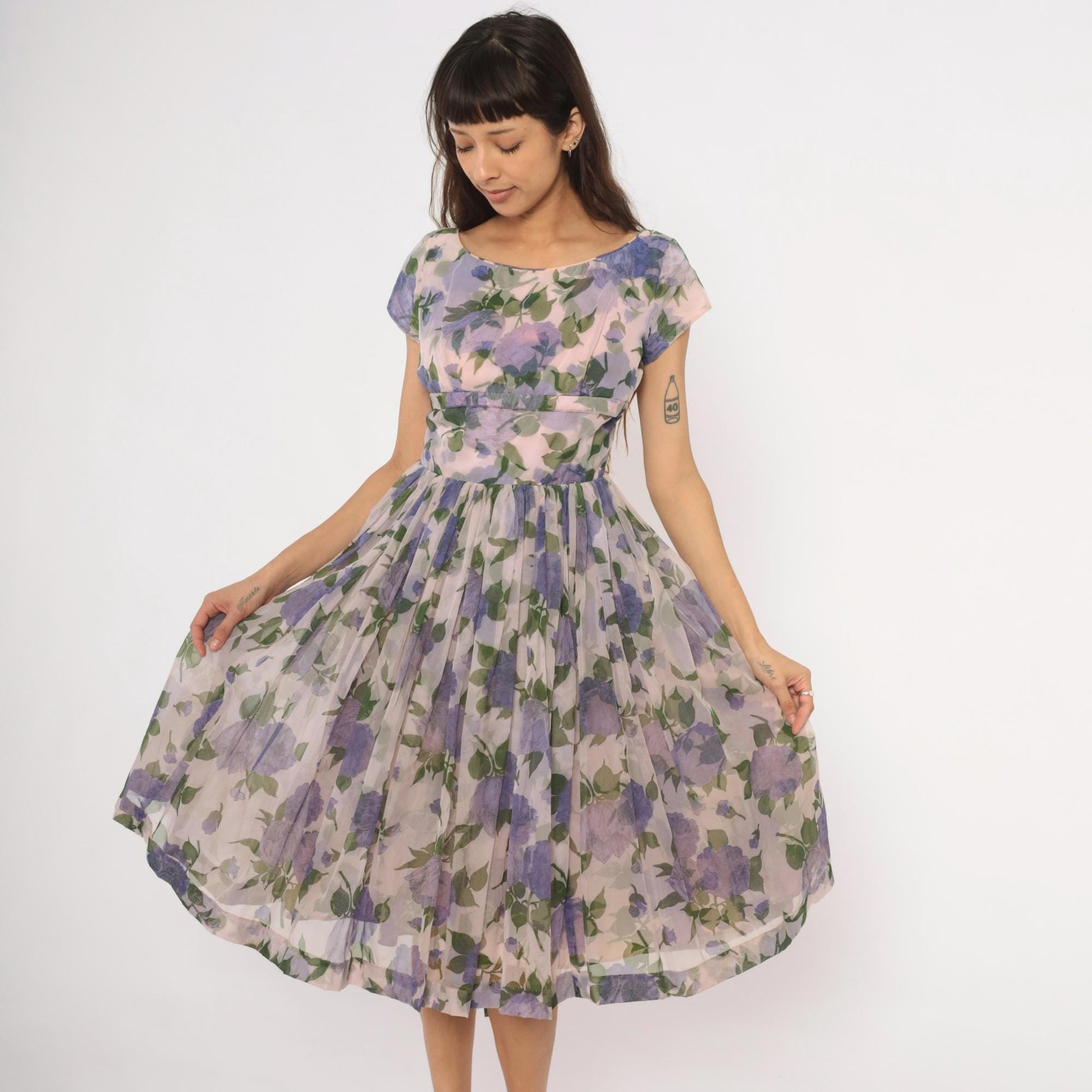 60s Lavender Floral Chiffon Dress Cap Sleeve Fit and Flare Purple Rose Small Medium