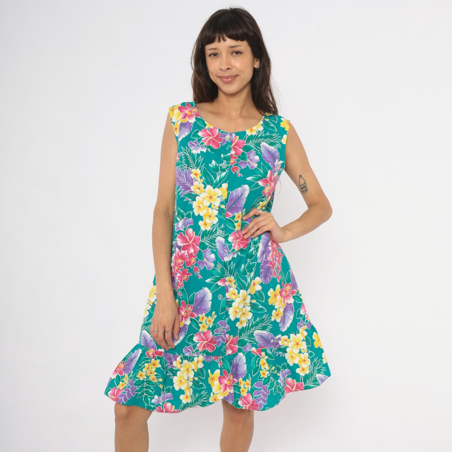 80s Kayla G Tropical Floral Sundress Teal Hawaiian Shift Knee-Length Extra Large XL