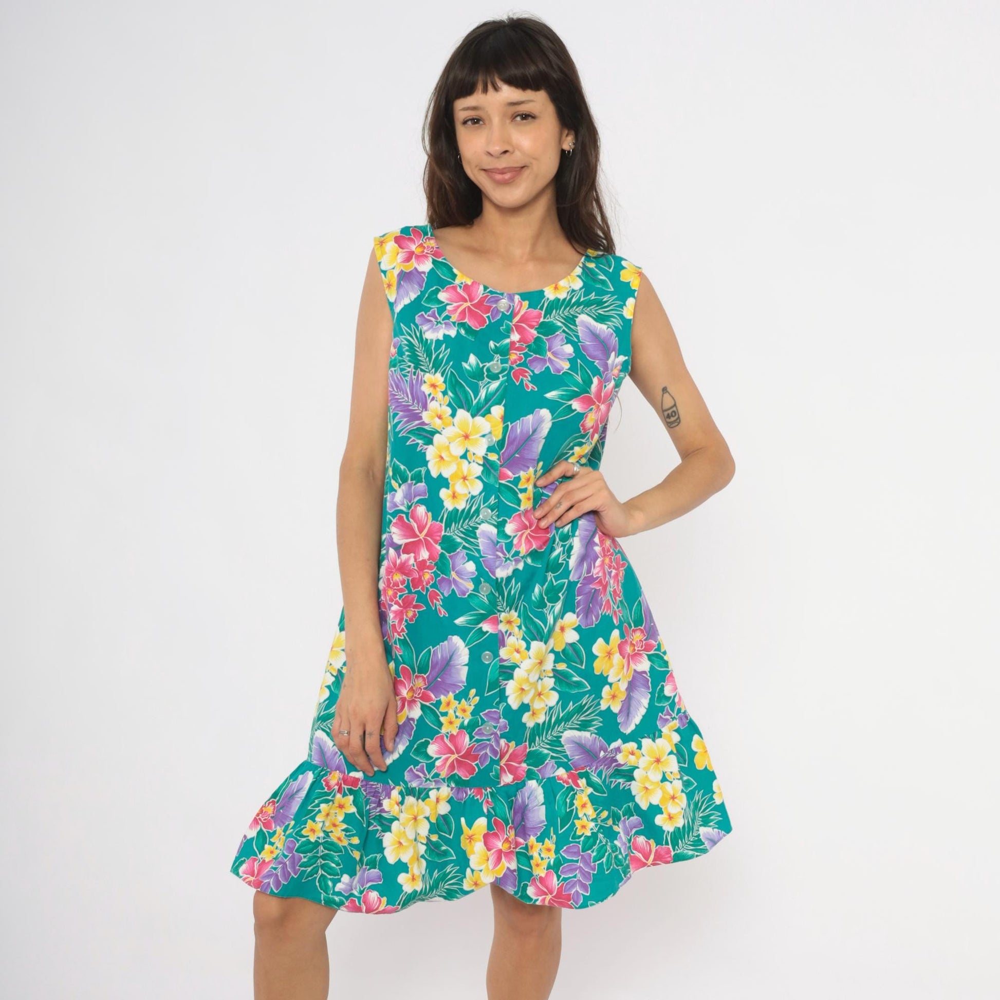 80s Kayla G Tropical Floral Sundress Teal Hawaiian Shift Knee-Length Extra Large XL
