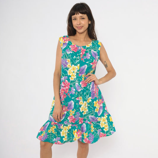 80s Kayla G Tropical Floral Sundress Teal Hawaiian Shift Knee-Length Extra Large XL
