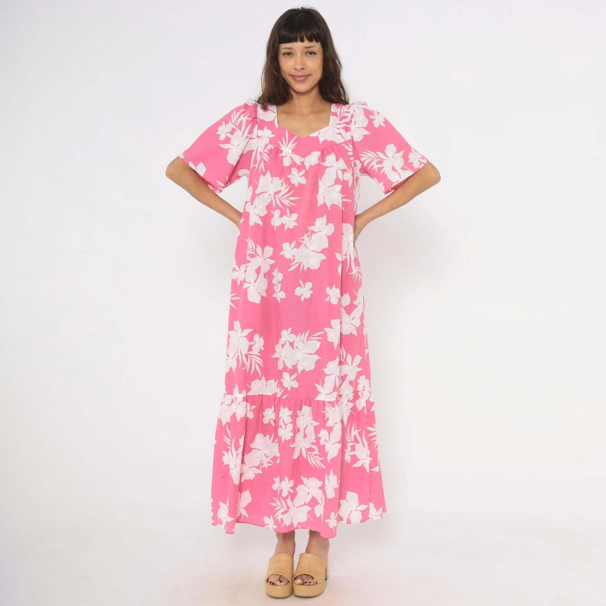 80s Pink Floral Maxi Dress Tropical Hibiscus Puff Sleeve Sweetheart Medium M