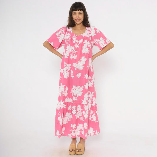 80s Pink Floral Maxi Dress Tropical Hibiscus Puff Sleeve Sweetheart Medium M