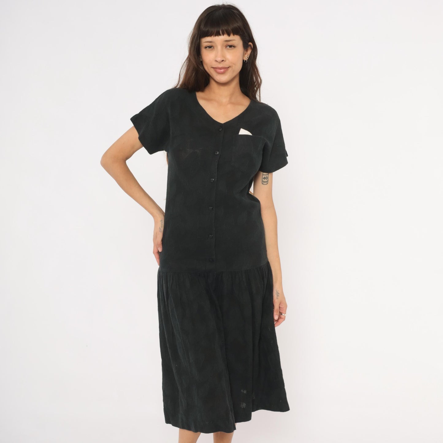 90s Black Cotton Midi Dress Button Front V Neck Drop Waist Small S