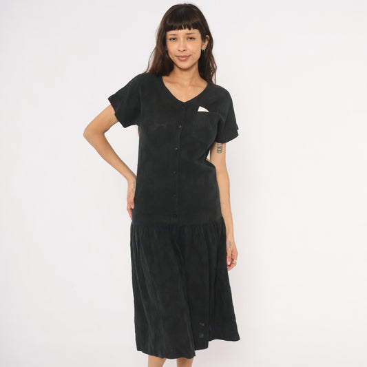 90s Black Cotton Midi Dress Button Front V Neck Drop Waist Small S