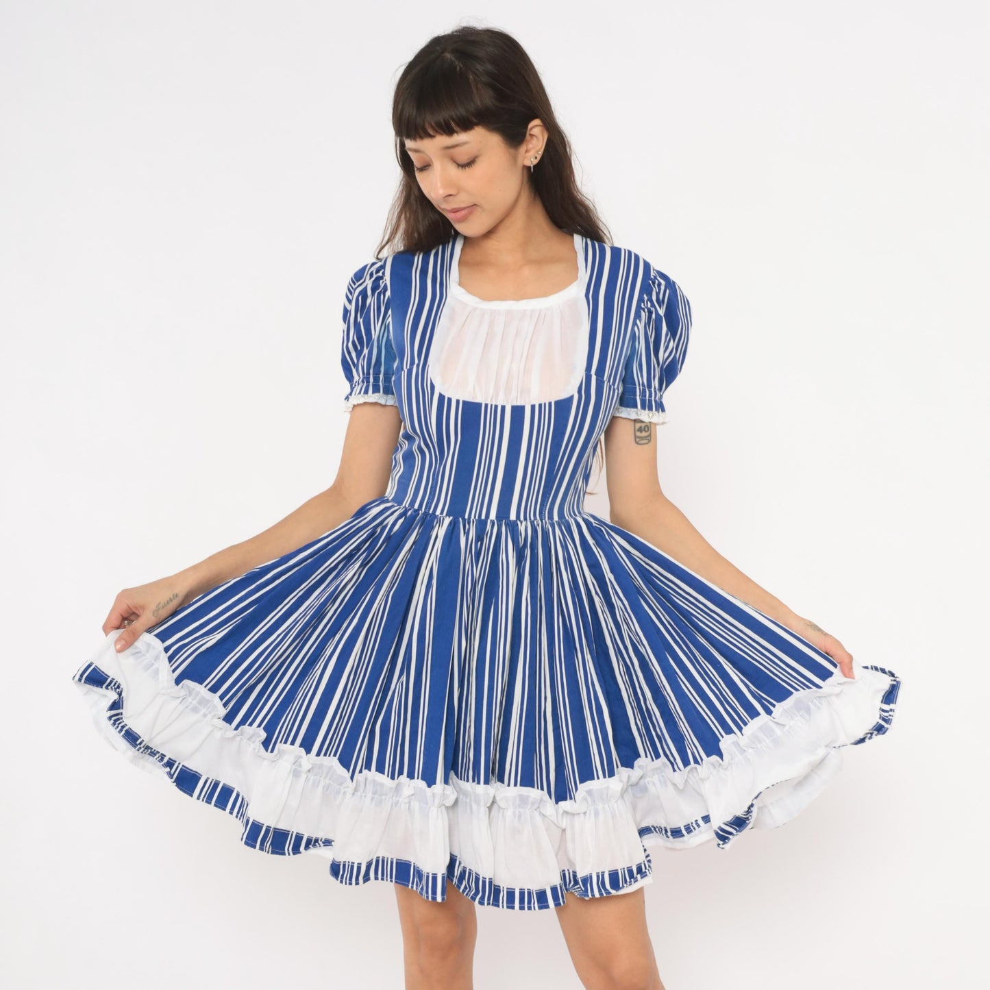 70s Striped Puff Sleeve Mini Dress Blue White Cotton Gathered Skirt Small S
