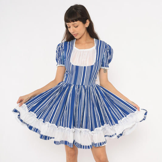 70s Striped Puff Sleeve Mini Dress Blue White Cotton Gathered Skirt Small S