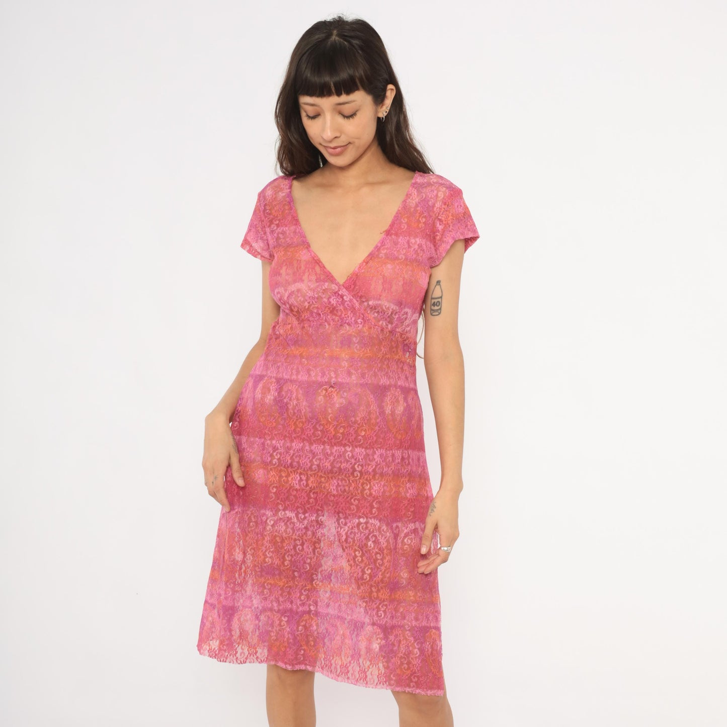 2000s Pink Ombre Floral Lace Dress V-Neck Wrap Bodice Knee Length Extra Large