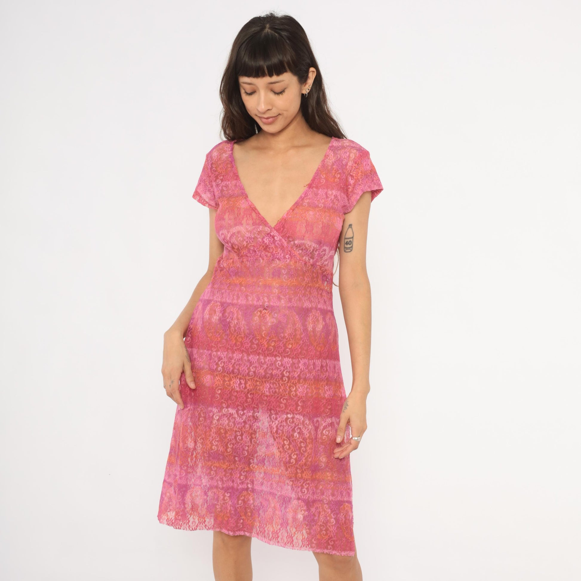 2000s Pink Ombre Floral Lace Dress V-Neck Wrap Bodice Knee Length Extra Large
