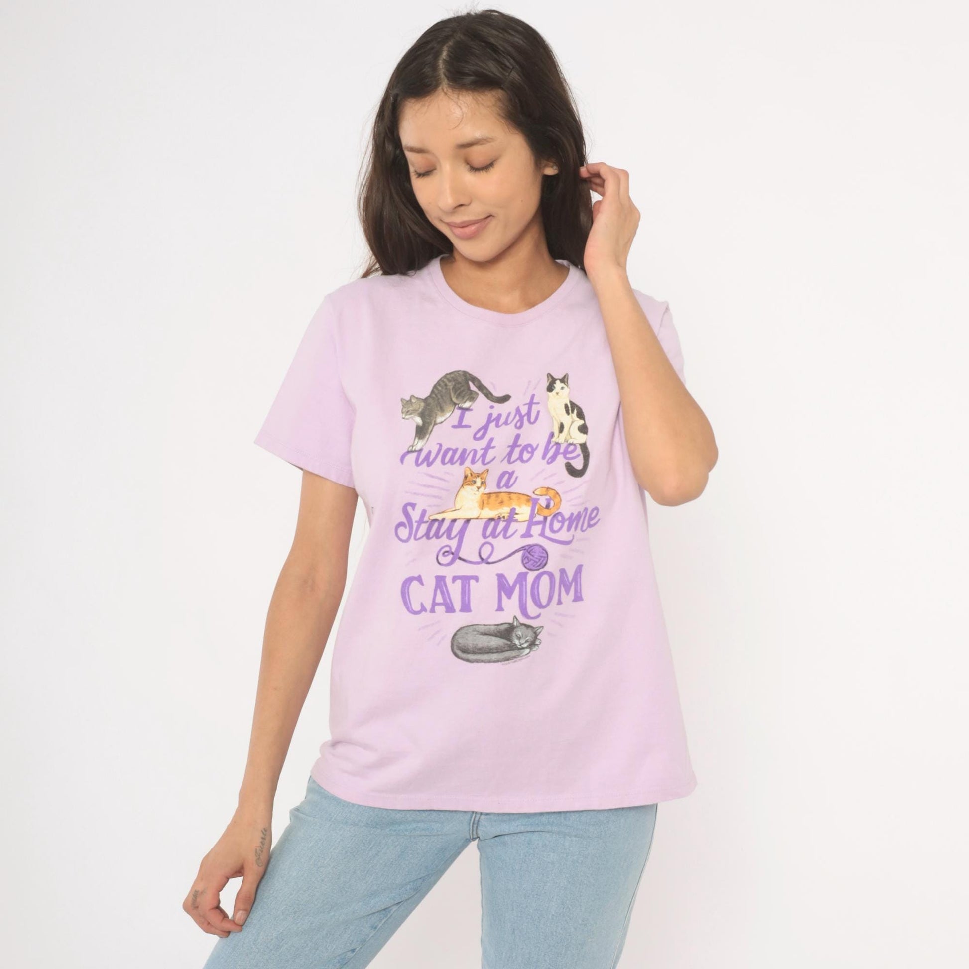 00s Port & Company Stay At Home Cat Mom Graphic Tee Lavender Large L