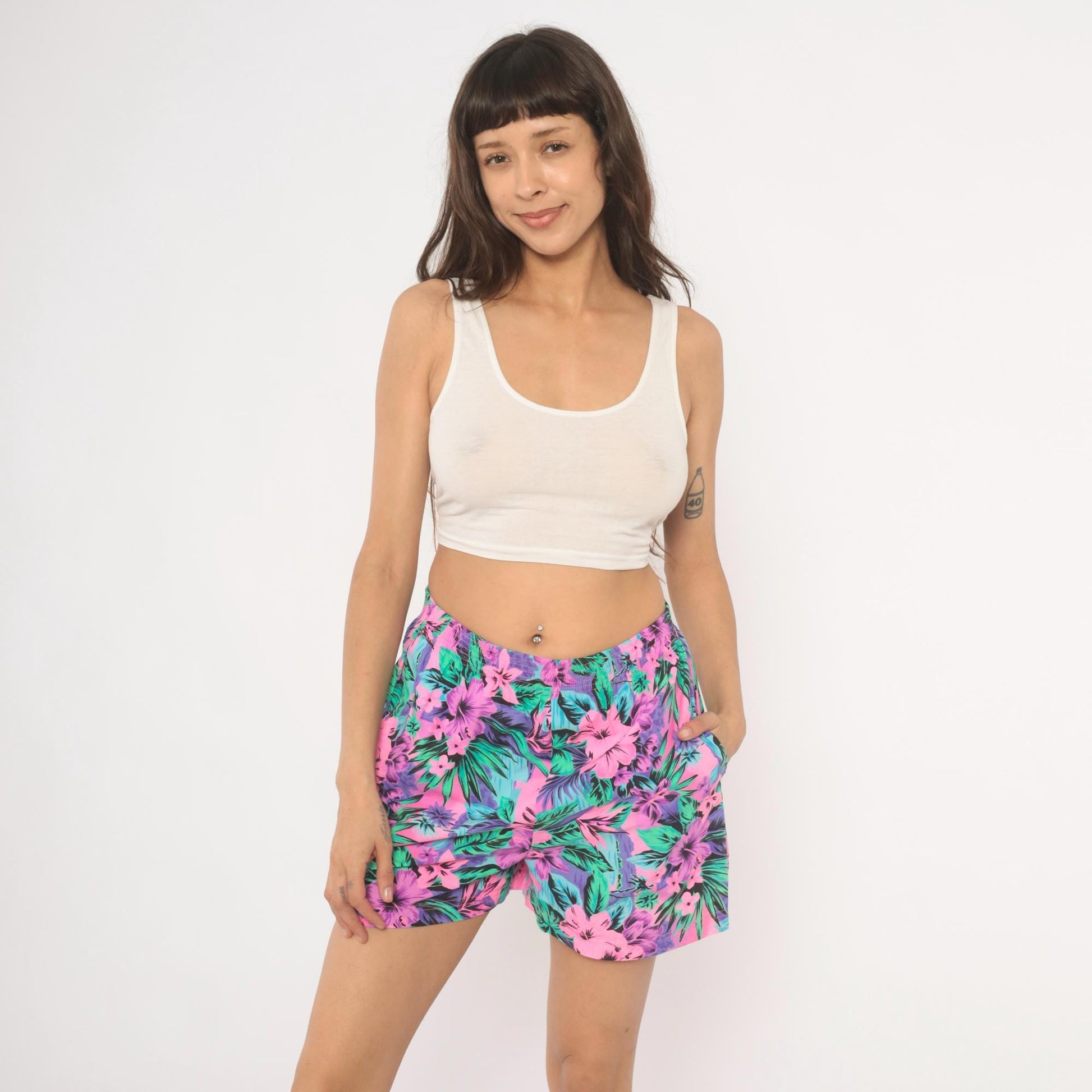 90s Op Neon Tropical Floral Shorts Pink Purple Green Hibiscus Medium M