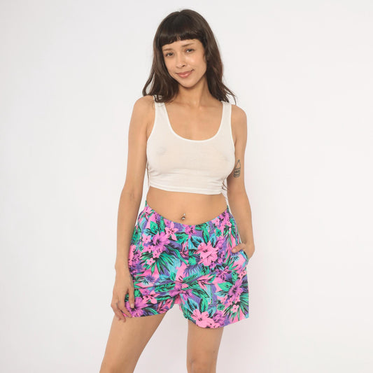 90s Op Neon Tropical Floral Shorts Pink Purple Green Hibiscus Medium M