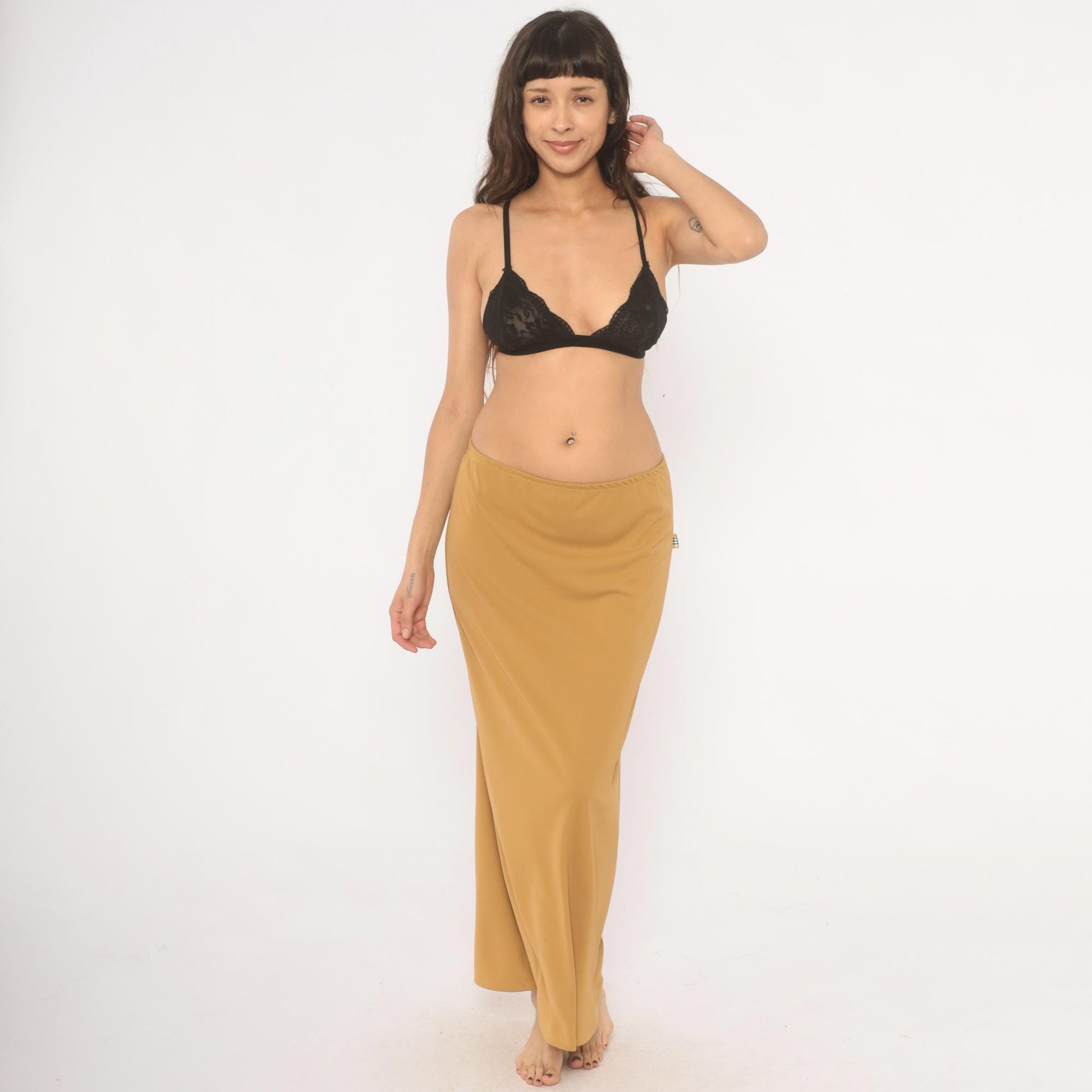 2000s Baby 0 Camel Maxi Skirt Tan A-Line Low Rise Elastic Waist Medium