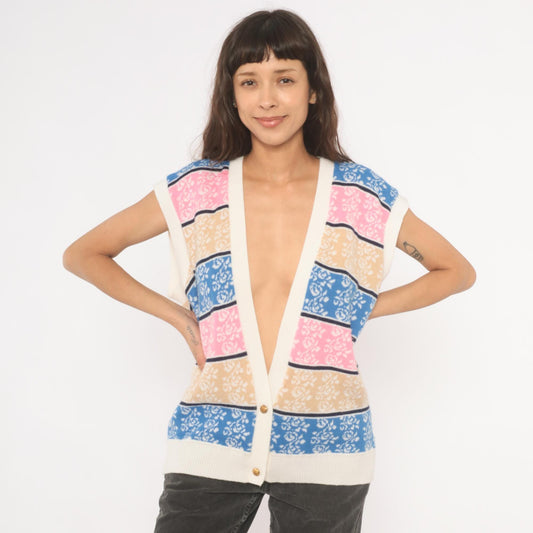 80s Floral Striped Sweater Vest V-Neck Knit Rose Print Blue Pink Cream Large