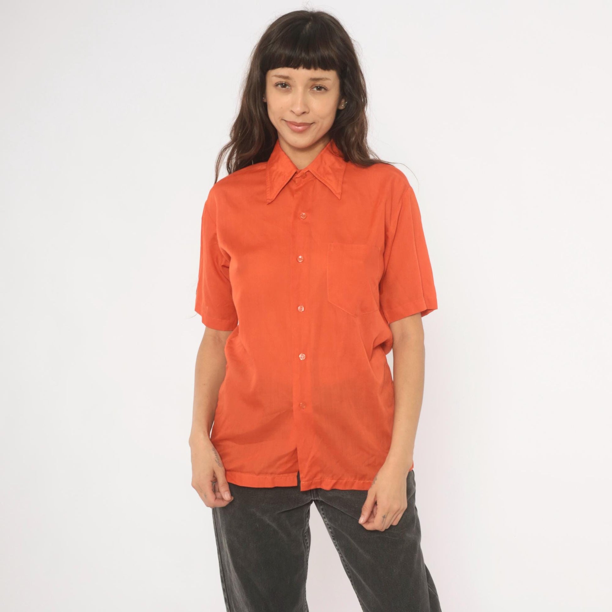 70s Odeon Burnt Orange Button-Up Shirt Pointed Collar Short Sleeve Medium