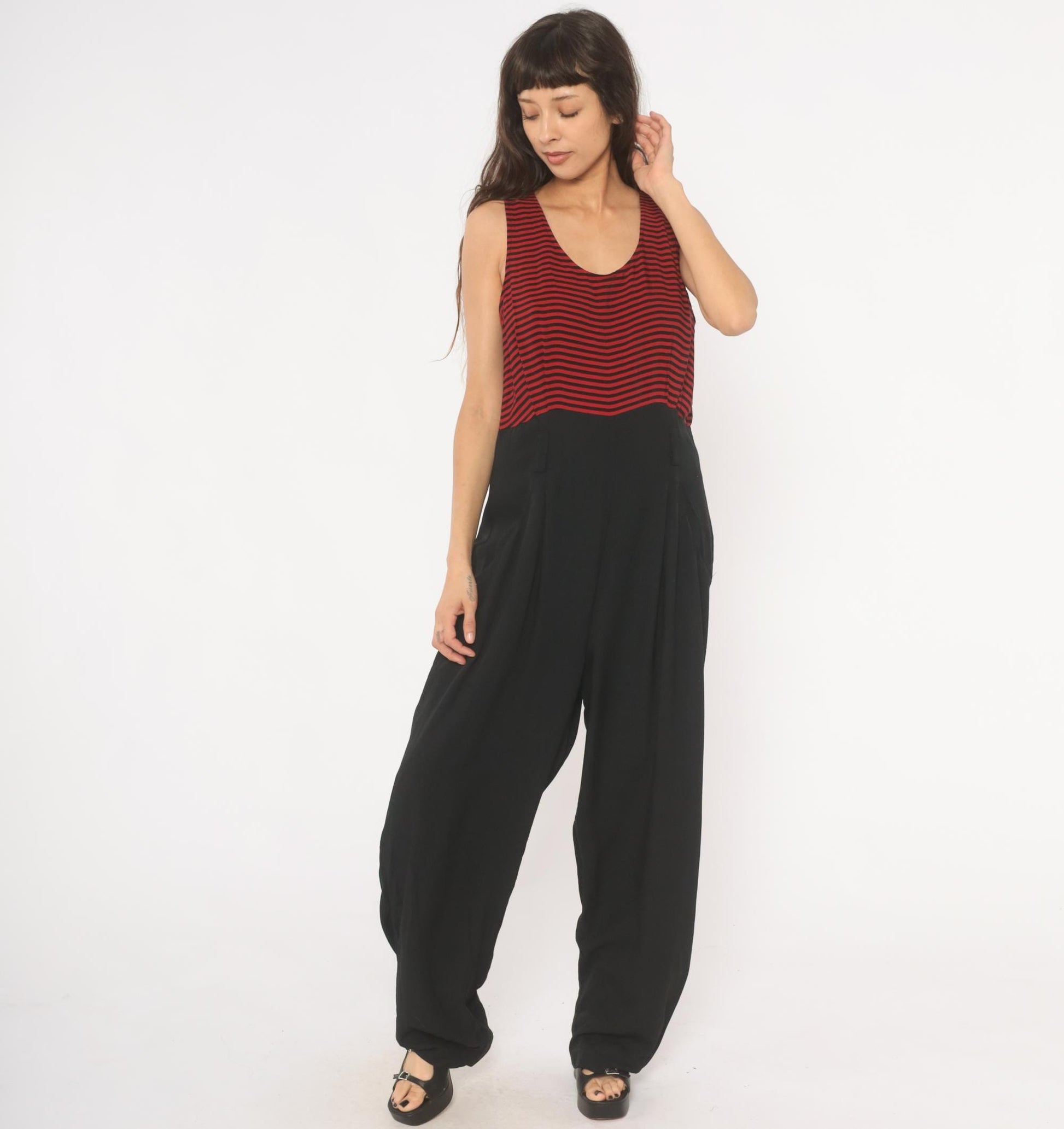 90s Red Black Striped Sleeveless Jumpsuit Wide Leg Maxi Tank Large L