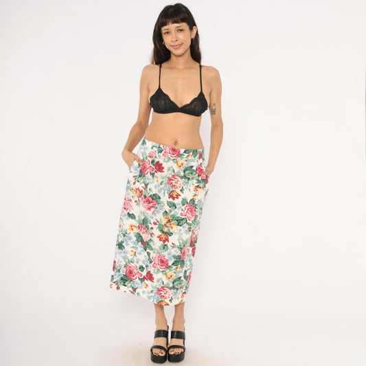 90s Gotcha Covered Floral Pencil Skirt Cream Rose Print Cotton Medium L