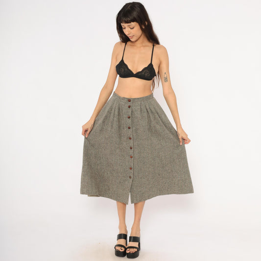 80s David Brooks Wool Herringbone Midi Skirt Grey Tan Pleated Medium L