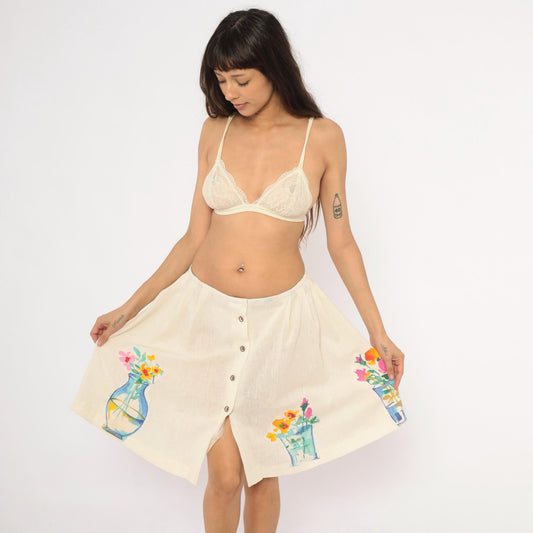 90s Cream Linen A-Line Mini Skirt Watercolor Floral Vase Appliqué Medium