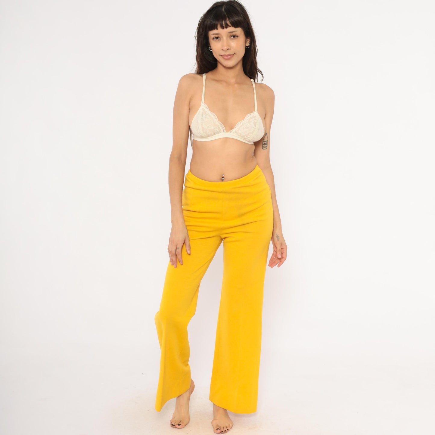 70s Mustard Wide Leg Trousers Pull-On Wool Blend High Waist Straight Leg Large L