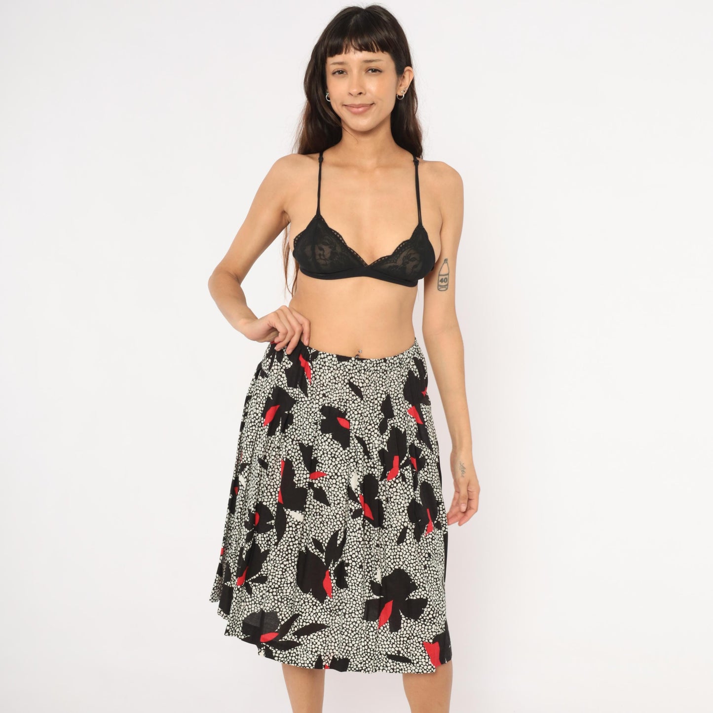 90s Jon Woods Midi Skirt Black White Floral Red Abstract Dotted Medium M
