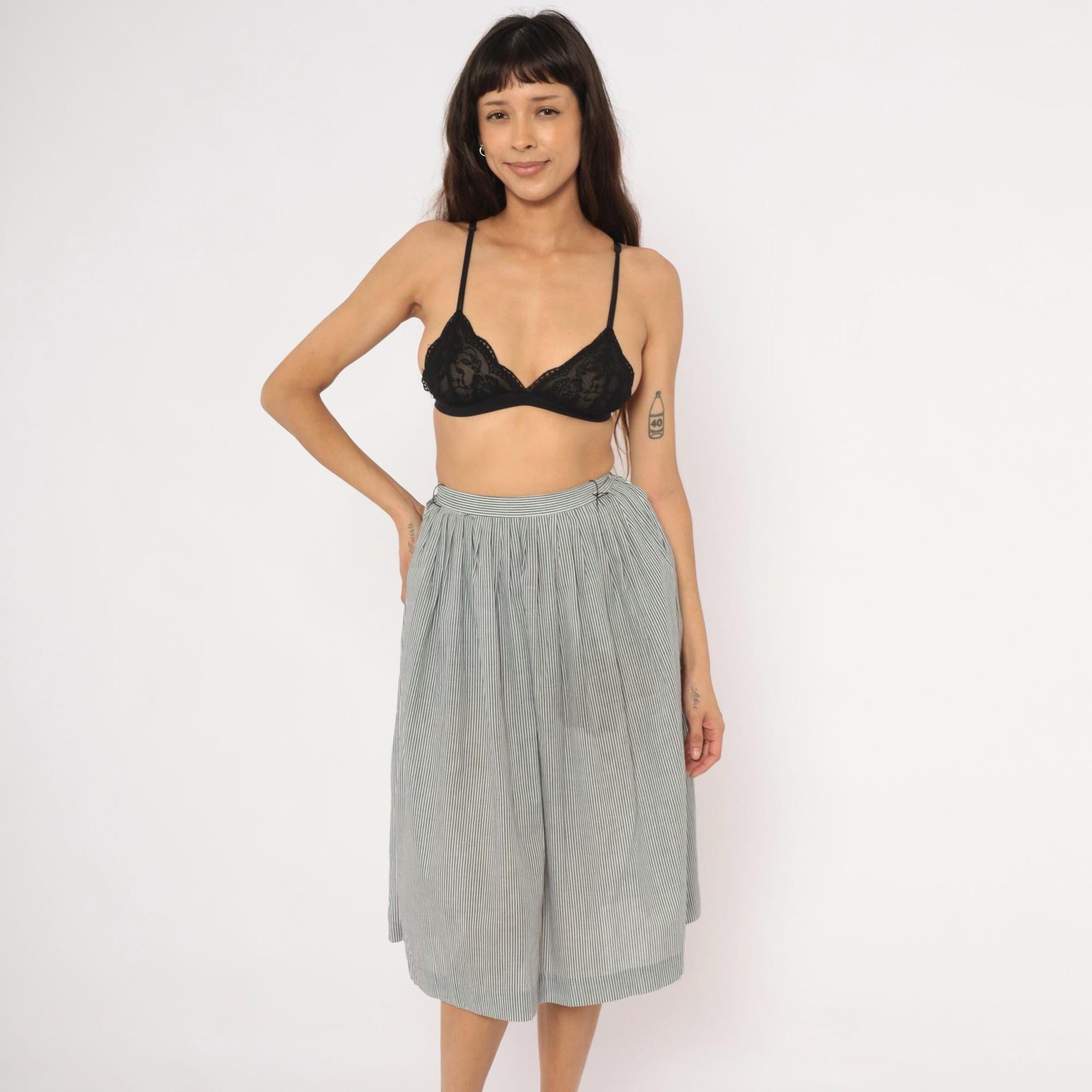 80s NR1 Grey Pinstripe Gathered Skirt Cotton Pleated High-Waisted Extra Small